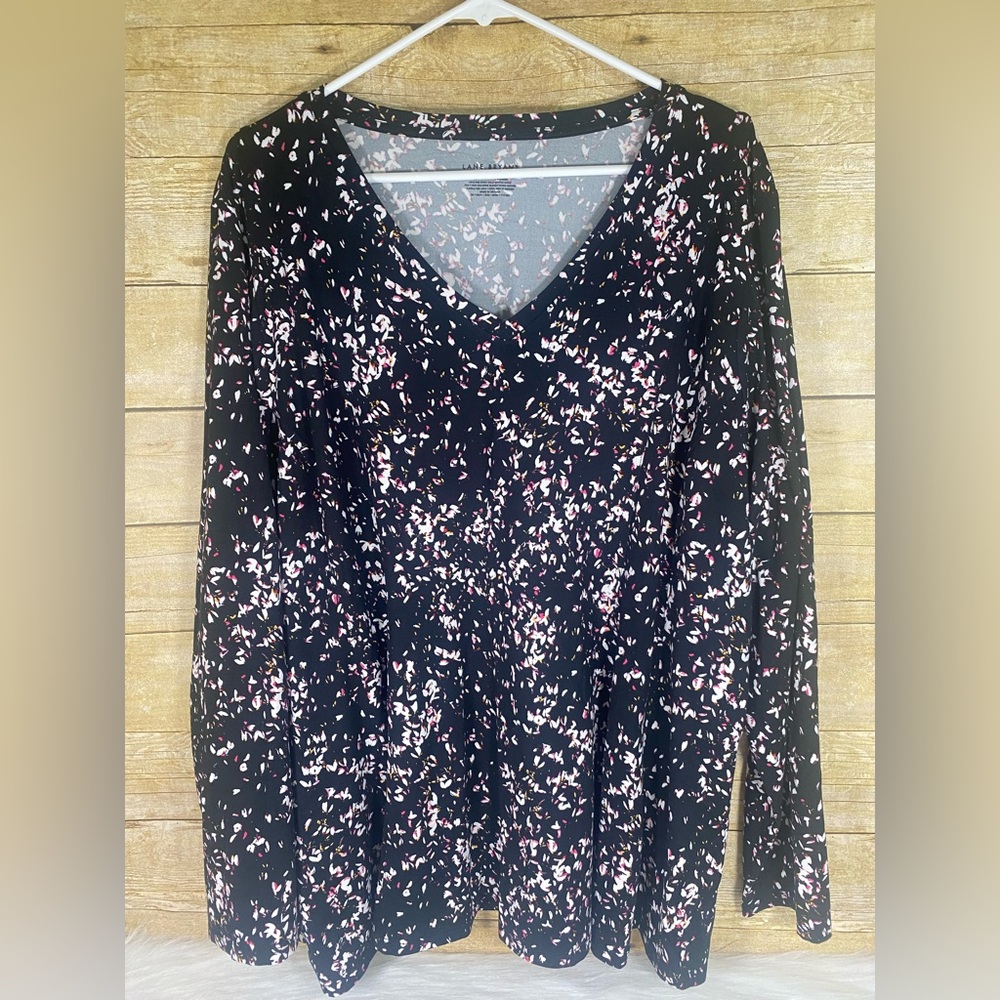 Lane Bryant V Neck Stretchy Top Plus Size 22 24 Black Multi Long Sleeve